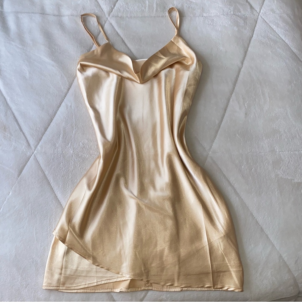 Medium Champagne colored satin cowl neck dress